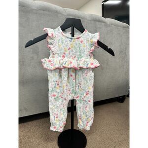 Mud Pie Baby Girl Bunny Floral Muslin Romper Ruffle Sleeves Easter Spring Outfit